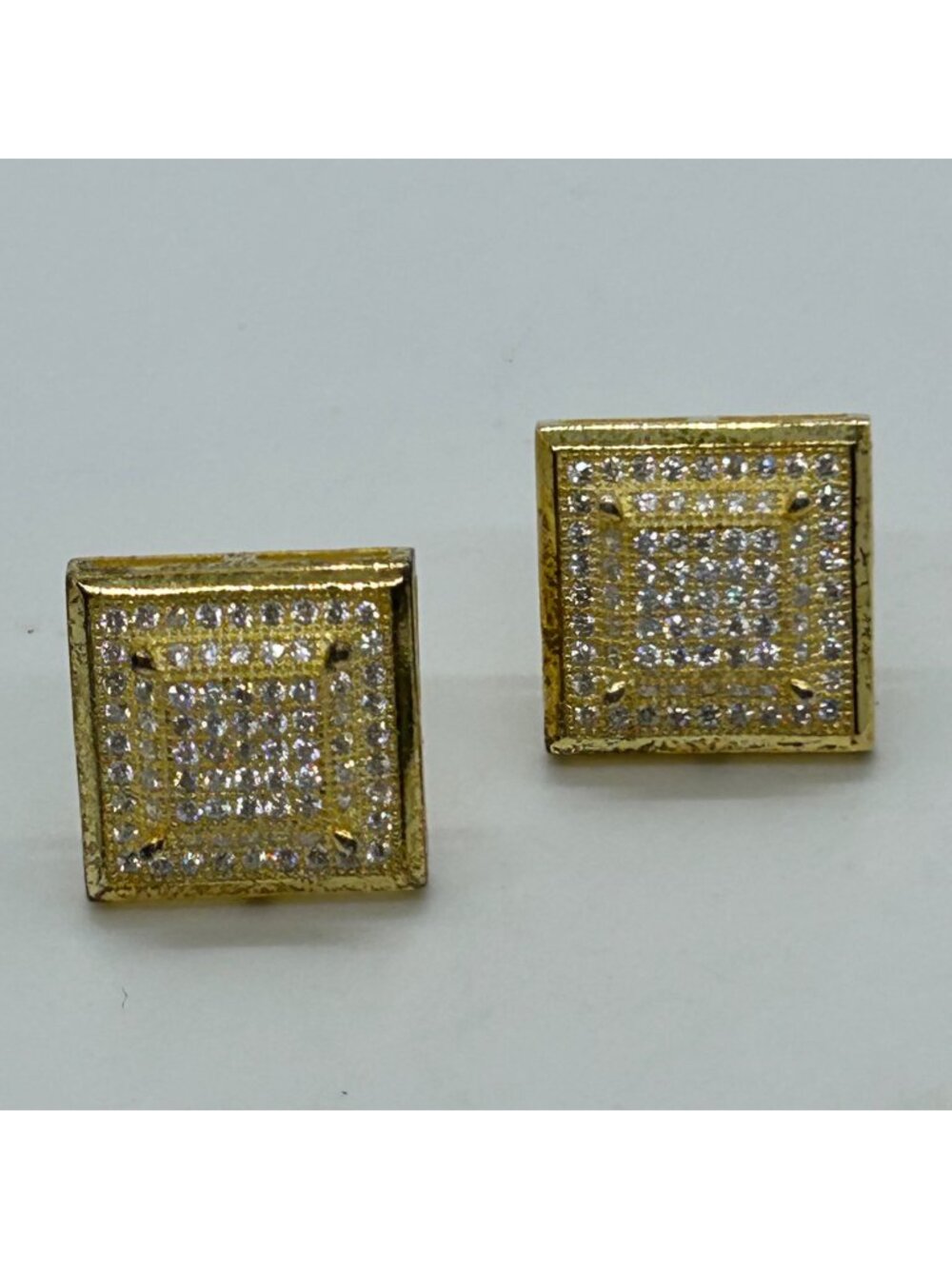 Gold Vermeil Over Sterling Silver Square Stud Earrings Pave CZ Hip Hop Screwback